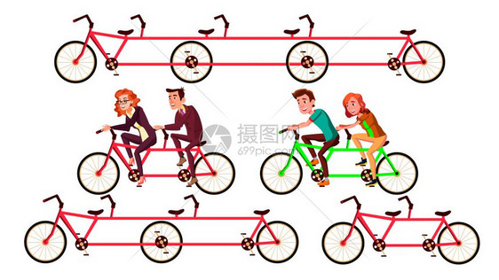 由字符设置矢量骑自行车朋友活动健康时间或联合工作旅行的byclue快乐笑的男女骑踏金特比克平板卡通插图骑自行车时由字符设置矢量骑图片