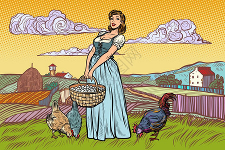 具有鸡蛋的农村妇女场景观流行艺术回放矢量插图具有鸡蛋的农村妇女古董拥有鸡蛋的农村妇女场景观图片