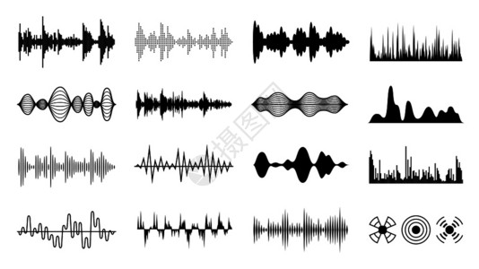 振动声音波设置黑色数字无线电音波设置声轨形状播放器脉冲振幅形成孤立矢量设置播放器脉冲形成孤立矢量设置设计图片