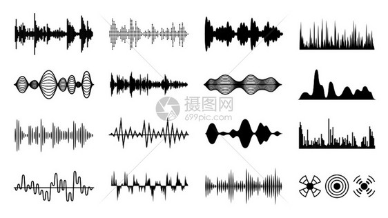 声音波设置黑色数字无线电音波设置声轨形状播放器脉冲振幅形成孤立矢量设置播放器脉冲形成孤立矢量设置图片