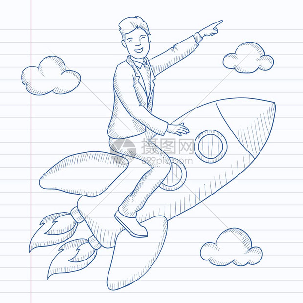 手绘素描风一名男子在火箭上飞行矢量插画图片