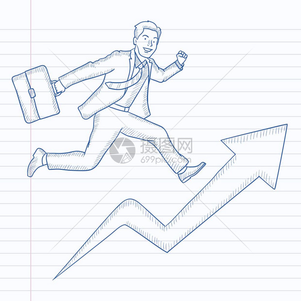 手画矢量素描图笔记本纸在线条背景男人用箭向上跑