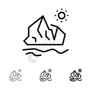 南极融化的冰川生态环境冰山融化的粗黑线和图标集插画
