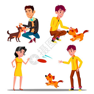 男人和女走路抚摸和玩飞盘快乐跑步和跳宠物狗户外活动平面漫画插图图片