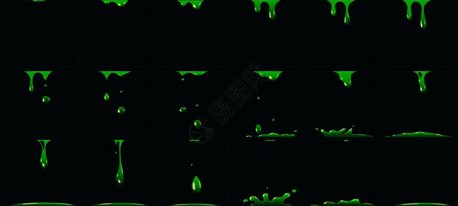 绿色粘液动画卡通有毒废物液体酸或滴液fx示踪剂原子核废物phlegm或危险化学喷洒以用于游戏矢量说明插画