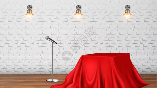 音响乐会或tv显示矢量的演播室场景桌子上布满红色经典银麦克风砖墙元素的闪光孔供现场使用实的3d插图显示矢量的演播室场景图片