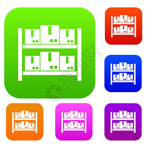 以不同颜色的孤立矢量示意图将货物储存在仓库集成图标中图片