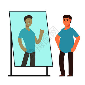 胖男士照镜子反射出变瘦的自己卡通矢量插画图片