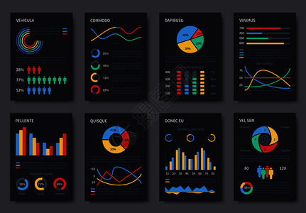 用于展示的多途商业信息矢量小册子模板暗页上的图表和信息要素插数据说明表统计矢量暗页上的表和信息要素图片