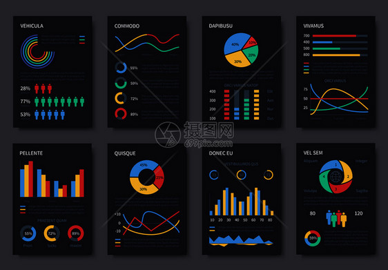 用于展示的多途商业信息矢量小册子模板暗页上的图表和信息要素插数据说明表统计矢量暗页上的表和信息要素图片