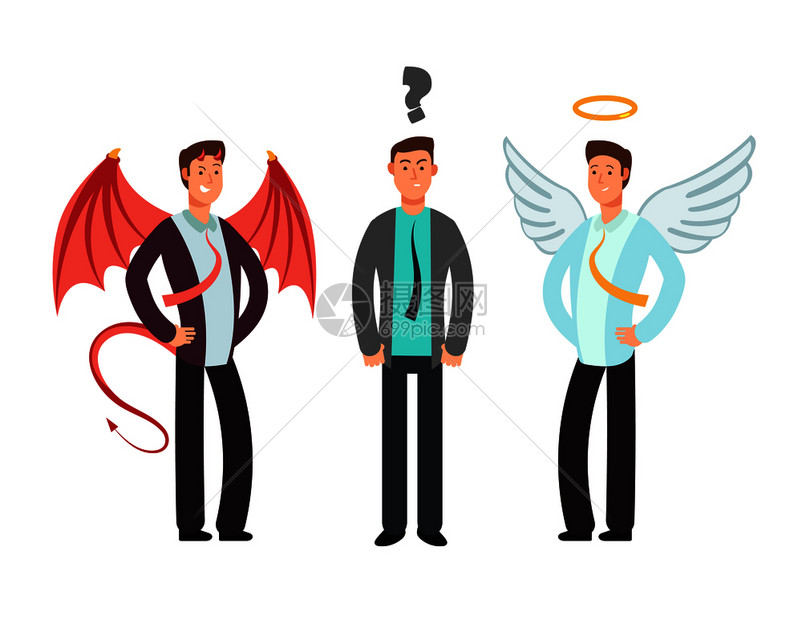 商人与天使和魔鬼混为一谈选择矢量概念商人选择魔鬼或天使插图图片