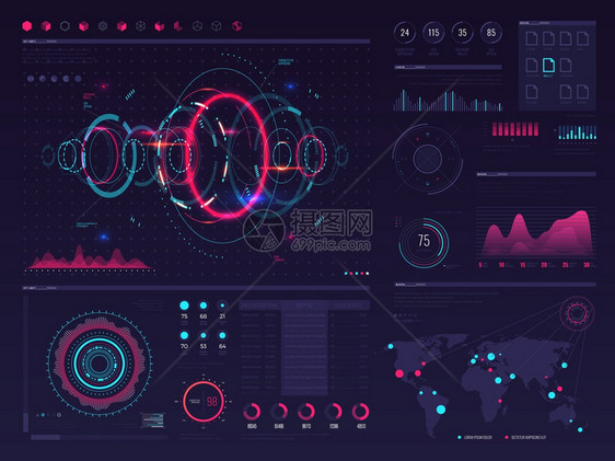 带有视觉数据图形面板和表矢量信息模板的视觉数据图面板和表矢量信息模板图表数据和字显示插图接口未来视觉面板带有视觉数据图形面板和表图片