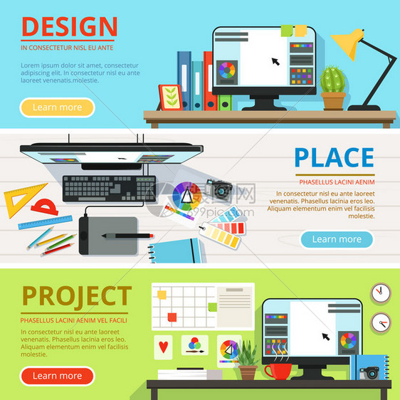 计算机设师和图形艺术家的工作空间水平横幅文本的位置收集设计和与项目图解一起工作的地点计算机设师和图形艺术家的工作空间水平横幅文本图片