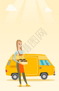 蛋糕盒面包师蛋糕箱背景的年轻商业女人送货卡车背景的年轻商业女人矢量板设计图垂直布局矢量图图片