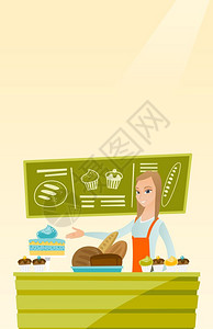 在面包店工作的妇女矢量板设计图垂直布局站在面包店柜台后的工人站在柜台后面的工人图片
