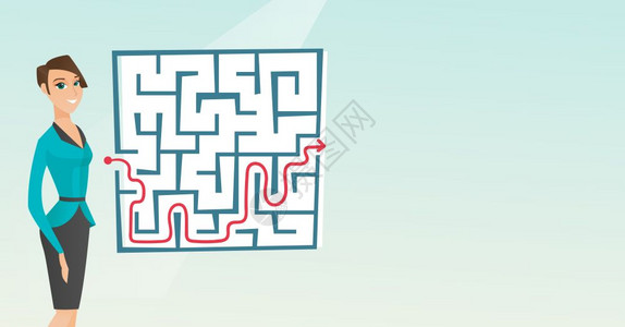 年轻笑的女商人在迷宫中寻找解决方案商业概念矢量平板设计图示横向布局商业女在迷宫中寻找解决方案图片