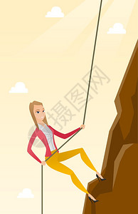 勇敢的年轻商业妇女利用绳子爬上山商业挑战的概念矢量平面设计图垂直布局商业妇女爬上山图片