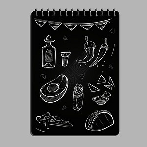手工在黑笔记本页上绘制墨西哥食品和饮料矢量说明手绘制墨西哥食品和饮料图片