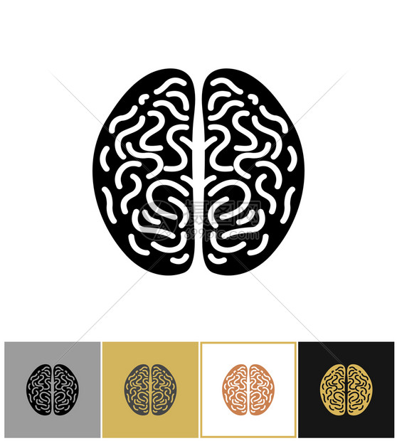 金黑白背景矢量插图上的大脑标智能符号或大脑简单的智力符号