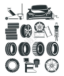 轮胎服务符号车轮和汽的单色图示汽车维修轮胎站硫化病媒图片