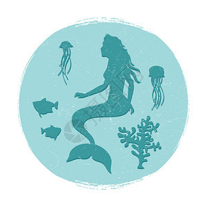 水下长效生命标签美人鱼和类水母环形矢量说明图片