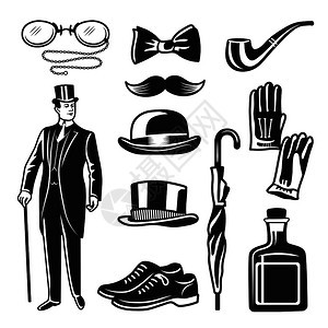 绅士俱乐部的胜利风格单色图画矢量集英国绅士服装首饰伞和手套绅士俱乐部的胜利风格单色图画集背景图片