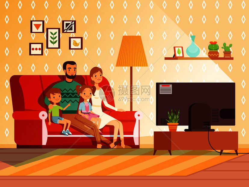 父母和儿童在家里看电视图片