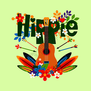 花羽毛吉他和花的嬉皮插图图片
