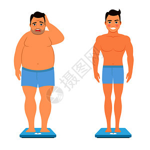 站在体重秤上的胖瘦男青年卡通矢量插画图片