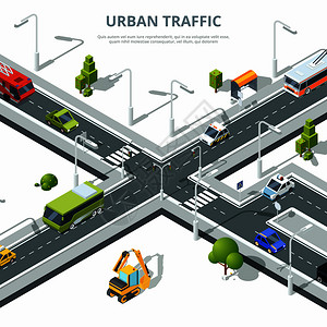 城市公路城市十字路口交通用不同汽车的矢量图插画