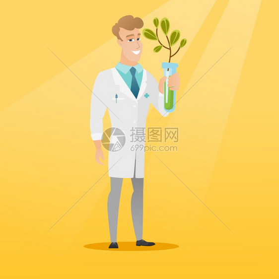 拿着试管中培育出的植物的男科学家卡通矢量插画图片