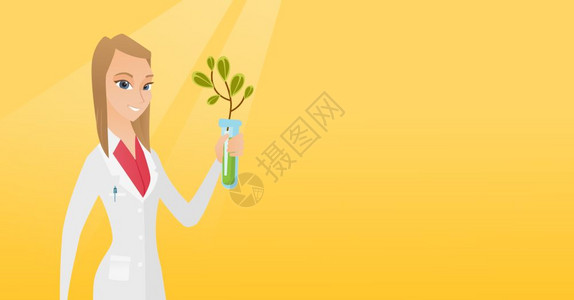 拿着试管中培育出的植物的女科学家卡通矢量插画图片
