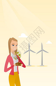 站在风车前手捧植物的女青年卡通矢量插画图片