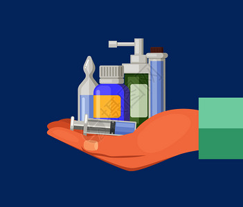 卡通手保存成堆的药品医疗和物丸说明卡通图片