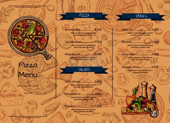 意大利比萨餐厅菜单模板带有手画彩色元素插图意大利比萨菜单意大利比萨餐厅菜单模板带有手画彩色元素图片