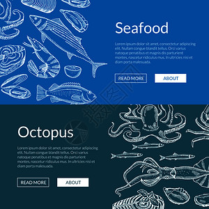 海产鱼旗新鲜洋食物说明带手工提取海产食品要素的病媒网络标模板图片