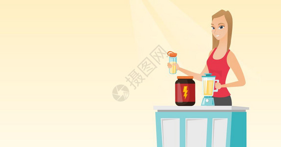 使用搅拌机进行蛋白质奶昔的女运动家妇制作体形食品补充的蛋白质鸡尾酒妇女烹饪蛋白质鸡尾酒病媒平板设计图横向布局年轻妇女制作蛋白质鸡背景图片