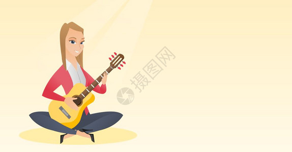 微笑练习盘腿而坐演奏吉他的女音乐家插画