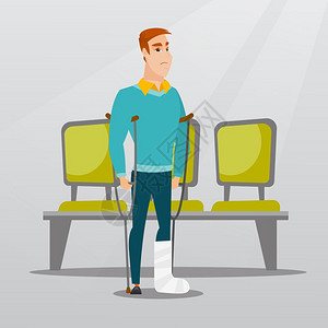 骨折腿部受伤打着石膏的男青年卡通矢量插画插画