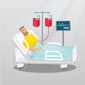在医院床上检测心跳和输血的男青年卡通矢量插画图片