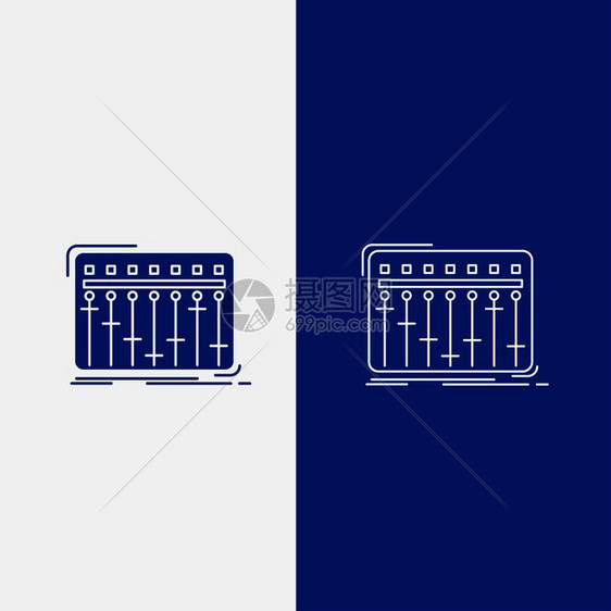用于ui和x网站或移动应用程序的蓝色垂直横幅dj混音器乐工作室线和glyph网络按钮矢量eps10抽象模板背景图片