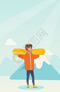 骑着滑雪的黑人男子在雪冠山顶背景上拖着滑雪的嬉戏运动员青年滑雪矢量平板设计图垂直布局持有滑雪的黑人运动员图片