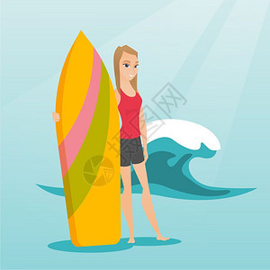 在海浪背景上持冲板的年轻女人图片
