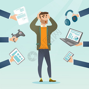 身处绝望中被工具包围着的男人卡通矢量插画图片素材