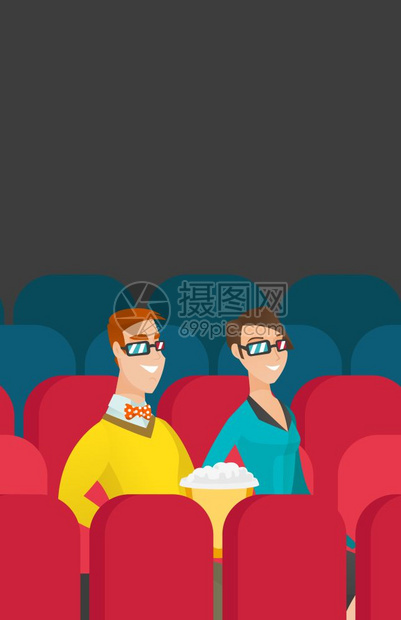 在剧院看3d电影的年轻夫妇卡通矢量插画图片