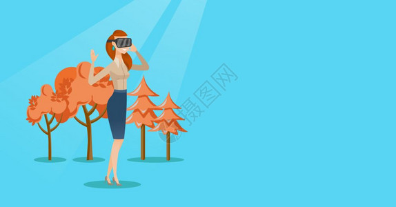 女使用虚拟现实眼镜在公园玩游戏矢量卡通插图水平布局图片
