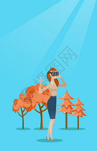 女使用虚拟现实眼镜在公园玩游戏矢量漫画插图垂直布局女在公园里戴着虚拟现实头巾图片