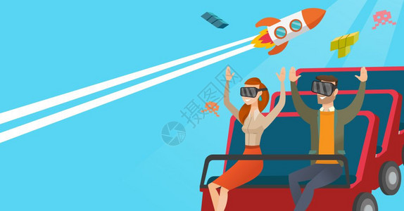 虚拟真实头盔的年轻causin夫妇骑在过山车上虚拟真实眼镜的朋友在虚拟游乐公园玩得开心矢量漫画插图水平布局图片