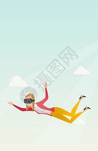 身着虚拟现实眼镜在天空中飞翔的年轻女子卡通矢量插画图片