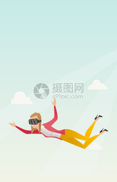 身着虚拟现实眼镜在天空中飞翔的年轻女子卡通矢量插画图片